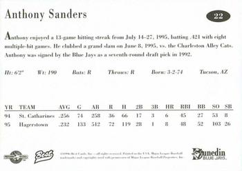 1996 Best Dunedin Blue Jays #22 Anthony Sanders Back
