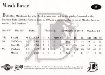 1996 Best Durham Bulls Blue #2 Micah Bowie Back