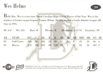 1996 Best Durham Bulls Blue #30 Wes Helms Back