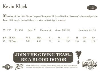 1996 Best El Paso Diablos #13 Kevin Kloek Back