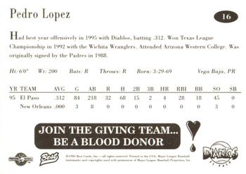 1996 Best El Paso Diablos #16 Pedro Lopez Back