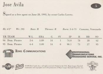 1996 Best Erie SeaWolves #5 Jose Avila Back
