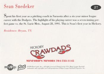 1996 Best Hickory Crawdads #27 Sean Snedeker Back