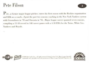 1996 Best Portland Rockies #3 Pete Filson Back