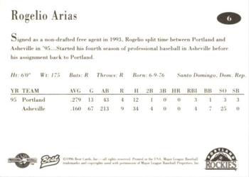 1996 Best Portland Rockies #6 Rogelio Arias Back