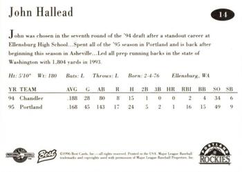 1996 Best Portland Rockies #14 John Hallead Back
