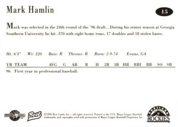 1996 Best Portland Rockies #15 Mark Hamlin Back
