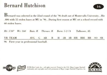 1996 Best Portland Rockies #16 Bernard Hutchison Back