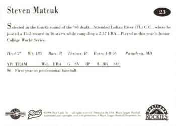 1996 Best Portland Rockies #23 Steven Matcuk Back