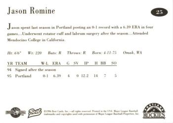 1996 Best Portland Rockies #25 Jason Romine Back