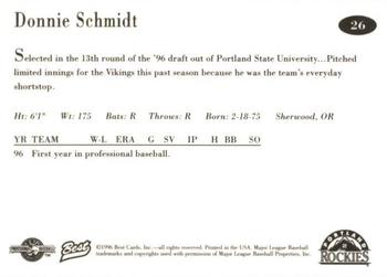1996 Best Portland Rockies #26 Donnie Schmidt Back