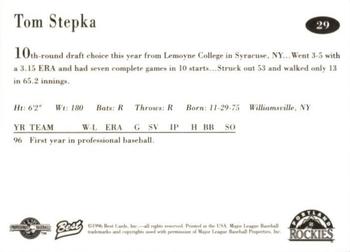 1996 Best Portland Rockies #29 Tom Stepka Back