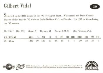 1996 Best Portland Rockies #30 Gilbert Vidal Back