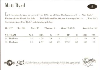 1996 Best Greenville Braves #8 Matt Byrd Back
