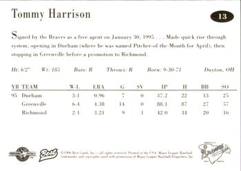 1996 Best Greenville Braves #13 Tommy Harrison Back