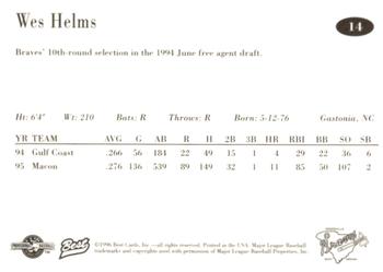 1996 Best Greenville Braves #14 Wes Helms Back