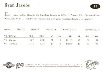 1996 Best Greenville Braves #15 Ryan Jacobs Back