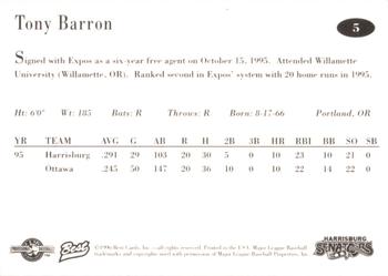 1996 Best Harrisburg Senators #5 Tony Barron Back
