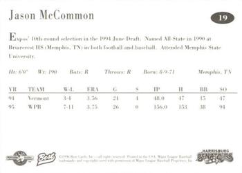 1996 Best Harrisburg Senators #19 Jason McCommon Back