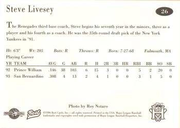 1996 Best Hudson Valley Renegades #26 Steve Livesey Back