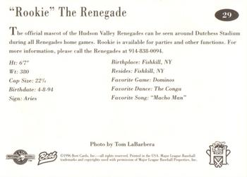 1996 Best Hudson Valley Renegades #29 Rookie the Renegade Back