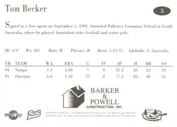 1996 Best Greensboro Bats #5 Tom Becker Back