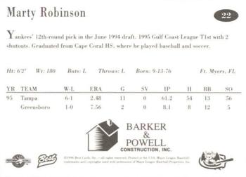 1996 Best Greensboro Bats #22 Marty Robinson Back