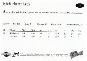 1996 Best Jackson Generals #13 Rich Humphrey Back