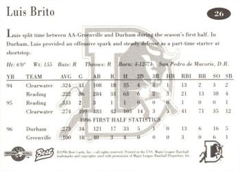 1996 Best Durham Bulls Brown #26 Luis Brito Back