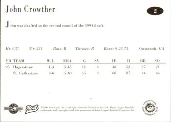 1996 Best Hagerstown Suns #2 John Crowther Back