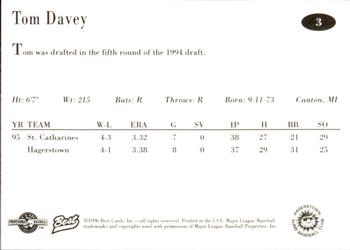 1996 Best Hagerstown Suns #3 Tom Davey Back