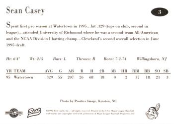 1996 Best Kinston Indians #3 Sean Casey Back