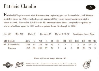 1996 Best Kinston Indians #5 Patricio Claudio Back