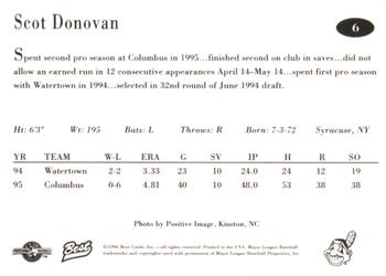 1996 Best Kinston Indians #6 Scot Donovan Back