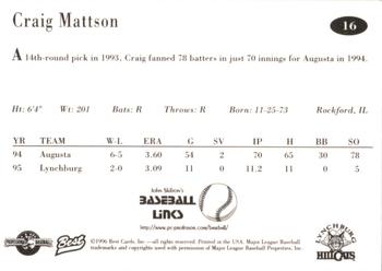 1996 Best Lynchburg Hillcats #16 Craig Mattson Back