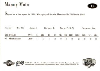 1996 Best Martinsville Phillies #12 Manny Mata Back