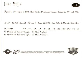 1996 Best Martinsville Phillies #14 Juan Mejia Back