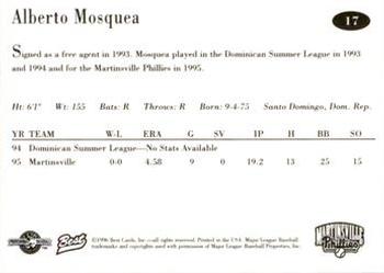 1996 Best Martinsville Phillies #17 Alberto Mosquea Back