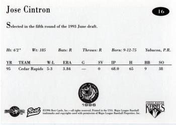 1996 Best Midwest League All-Stars #16 Jose Cintron Back