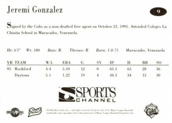 1996 Best Orlando Cubs #9 Jeremi Gonzalez Back