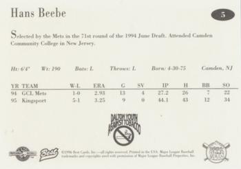 1996 Best Pittsfield Mets #5 Hans Beebe Back