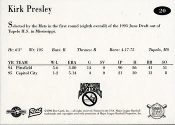 1996 Best Pittsfield Mets #20 Kirk Presley Back