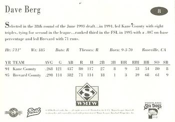 1996 Best Portland Sea Dogs #8 Dave Berg Back