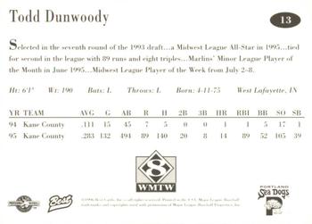 1996 Best Portland Sea Dogs #13 Todd Dunwoody Back