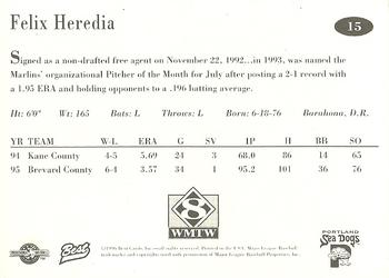 1996 Best Portland Sea Dogs #15 Felix Heredia Back
