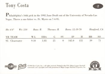1996 Best Reading Phillies #2 Tony Costa Back