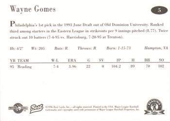 1996 Best Reading Phillies #5 Wayne Gomes Back