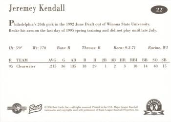 1996 Best Reading Phillies #22 Jeremey Kendall Back