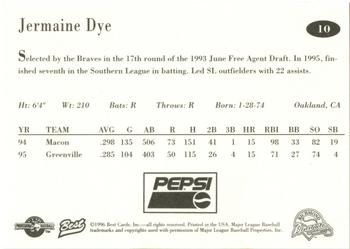 1996 Best Richmond Braves #10 Jermaine Dye Back