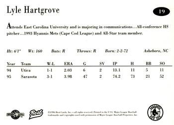 1996 Best Sarasota Red Sox #19 Lyle Hartgrove Back